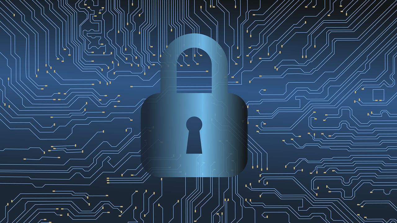 Security 9 schloss icon auf dynamischem dunkelblauem hintergrund